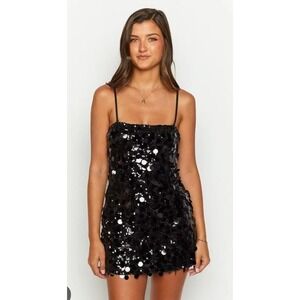 French Kiss Black Sequin Mini Dress Spaghetti Strap Large
